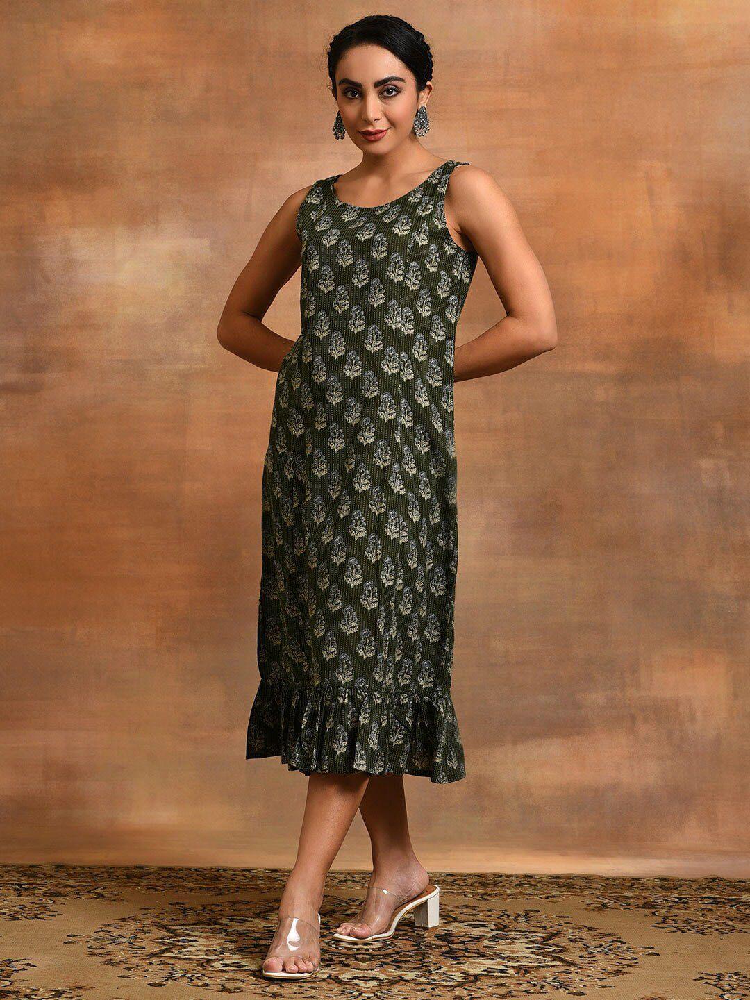 anouk green floral print cotton a-line midi dress
