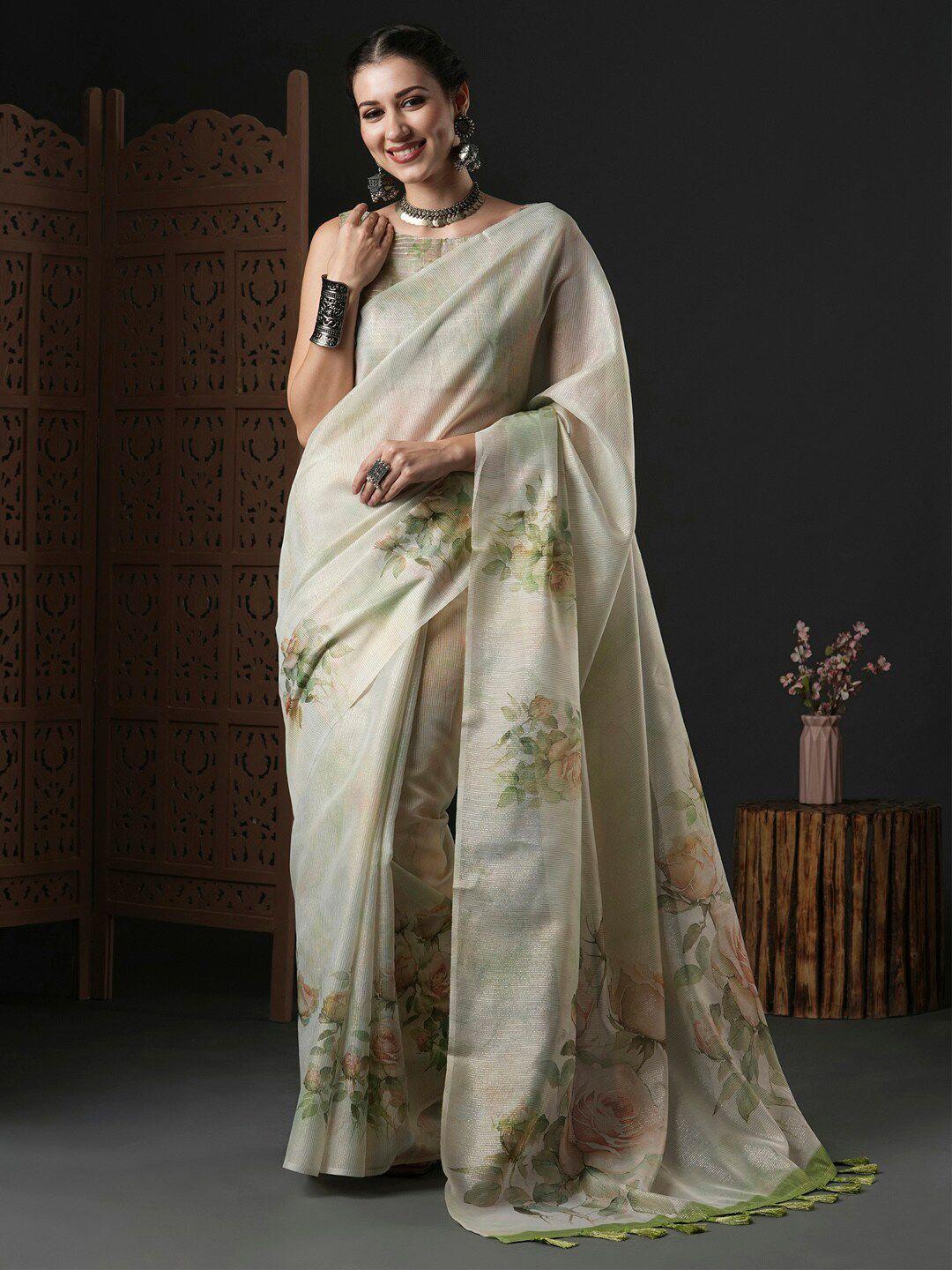 anouk green floral printed organza saree