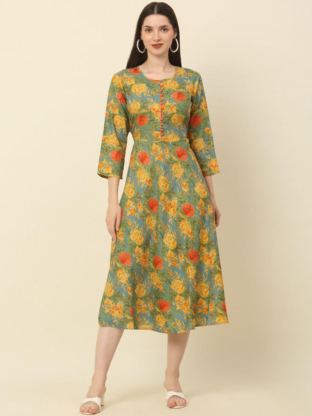 anouk green floral printed pure cotton a-line ethnic dress