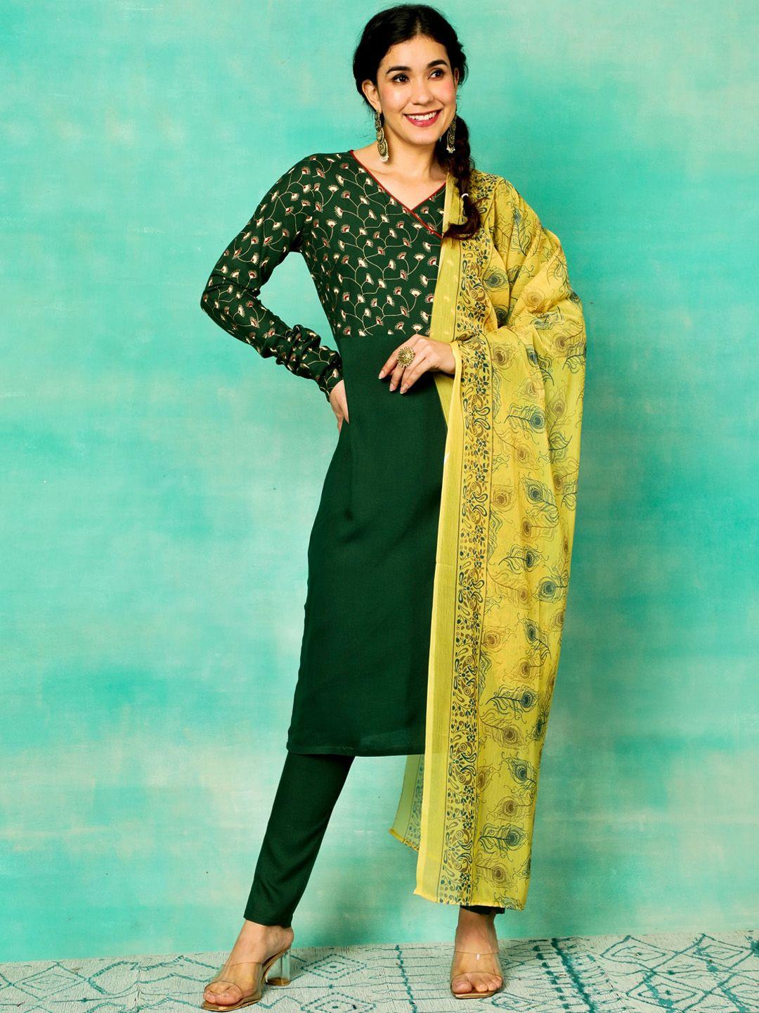 anouk green floral printed v-neck angrakha straight kurta & trousers with dupatta
