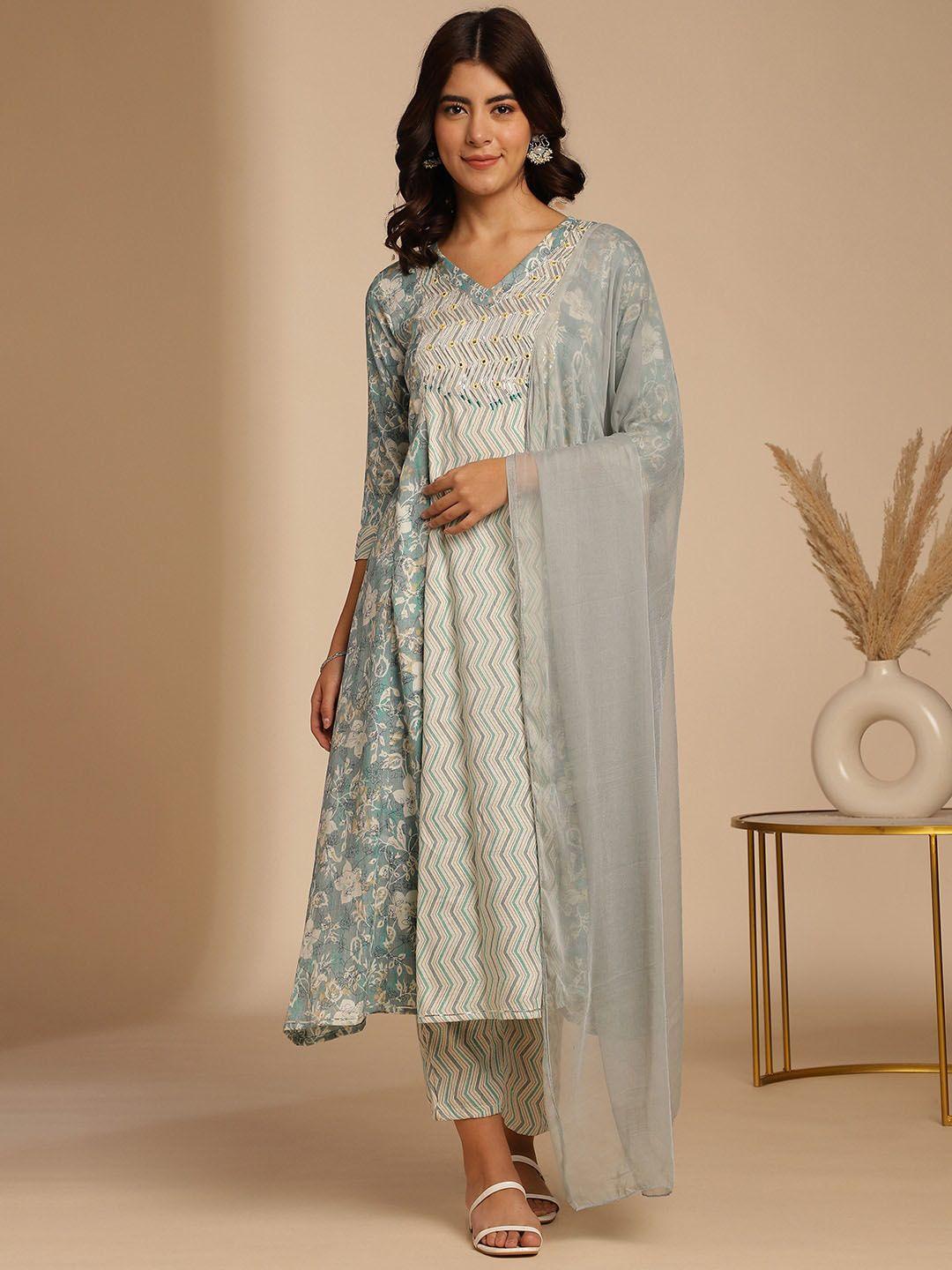 anouk green floral printed v-neck mirror work a-line kurta with trouser & dupatta