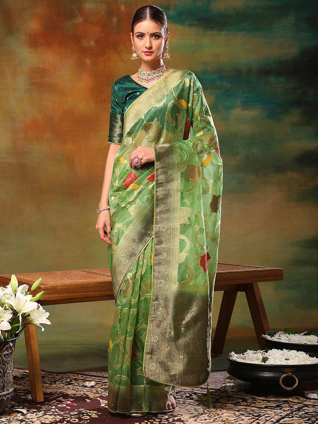 anouk green floral woven design organza banarasi saree