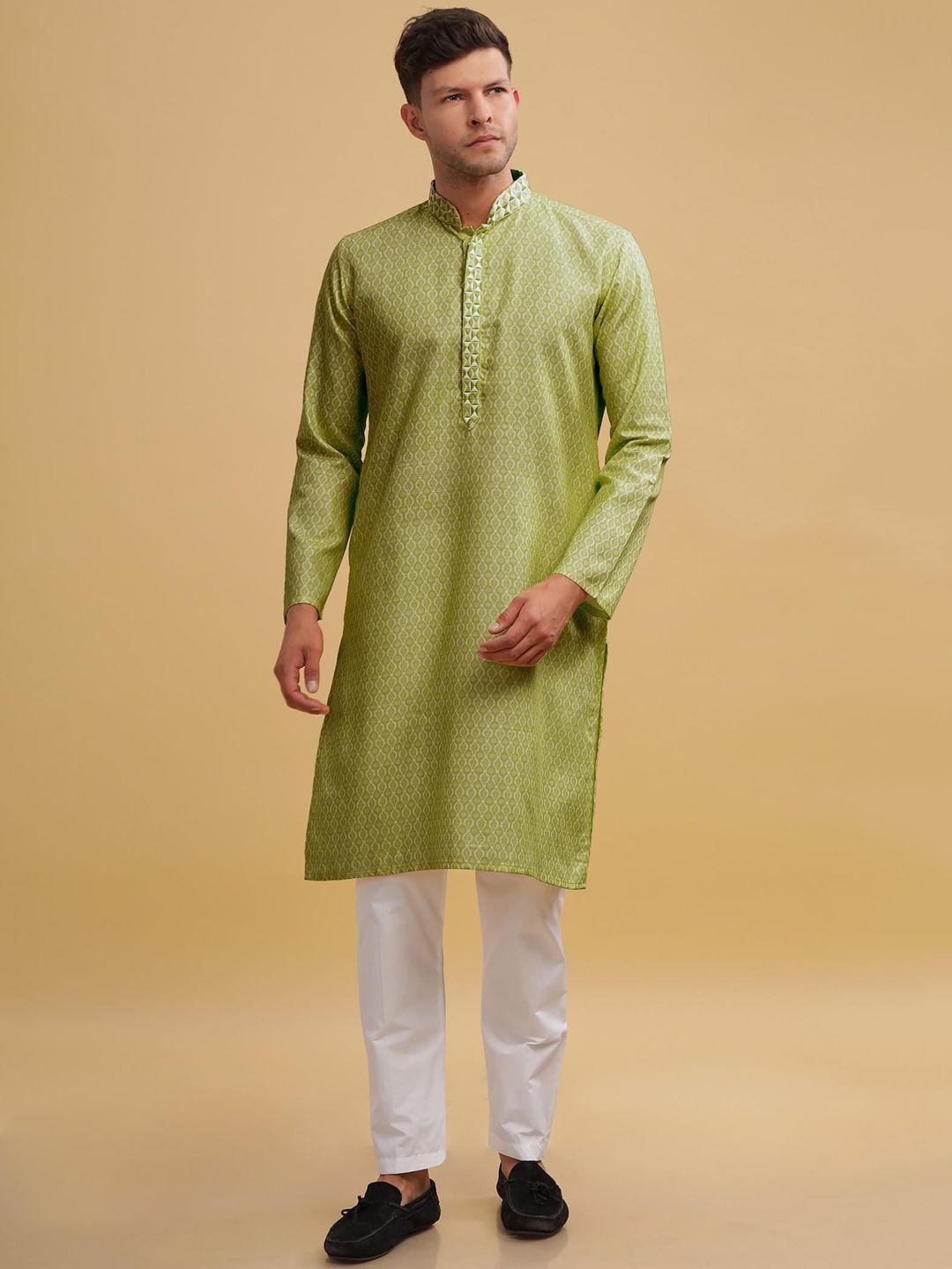 anouk green geometric printed thread work straight cotton kurta