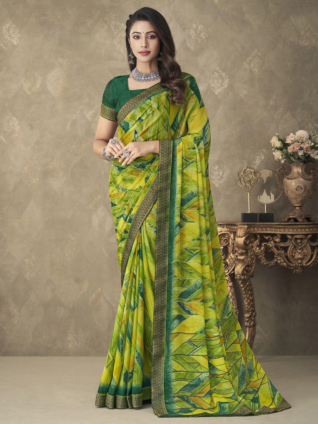 anouk green geometric printed zari pure chiffon block print saree