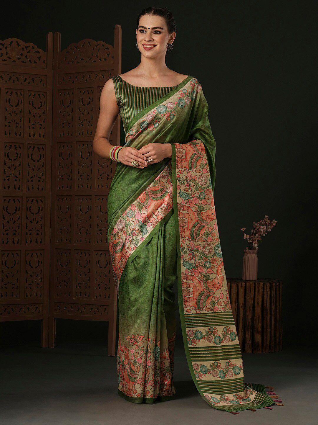 anouk green kalamkari silk blend designer dabu saree