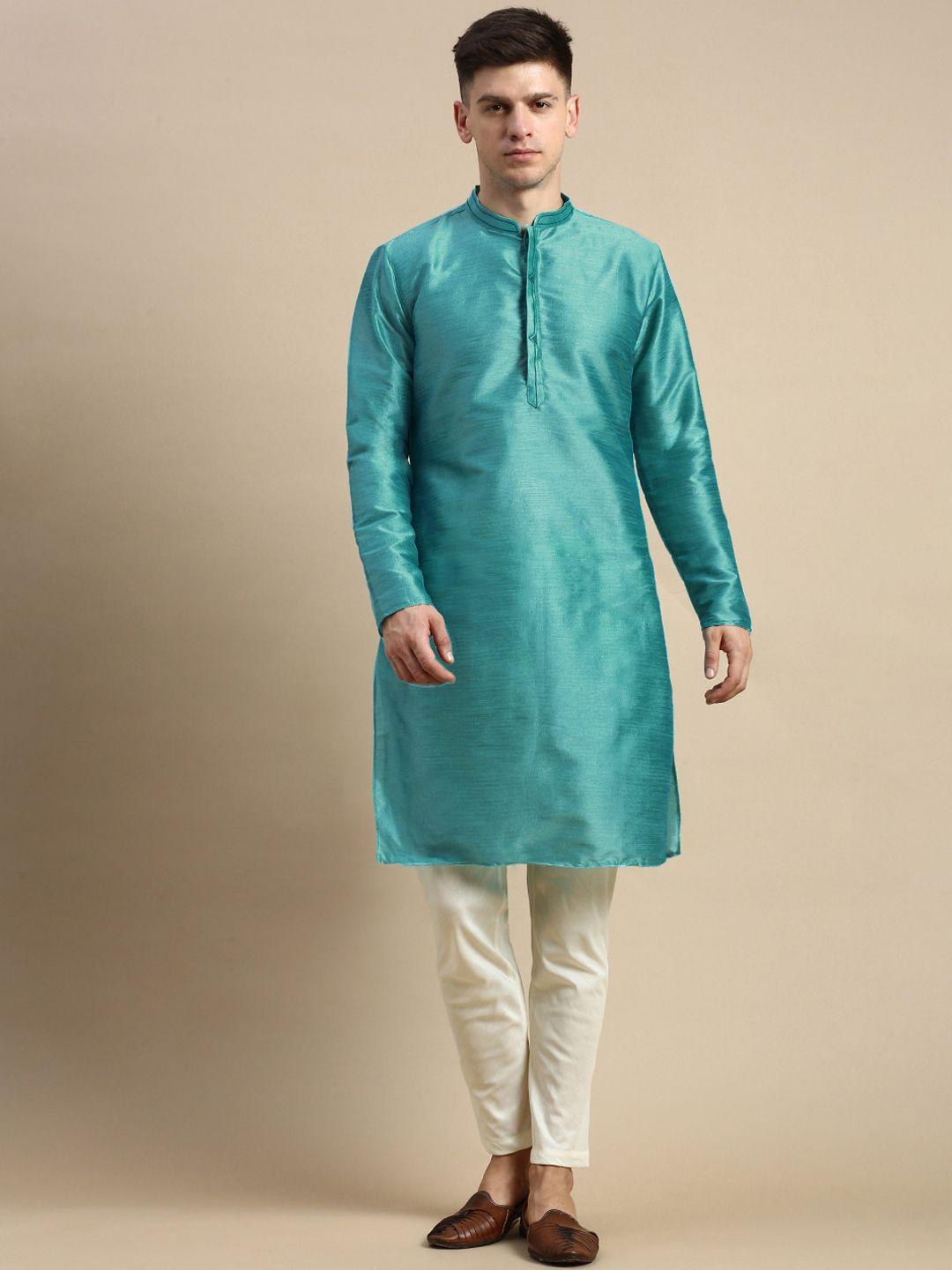 anouk green mandarin collar thread work kurta with trousers