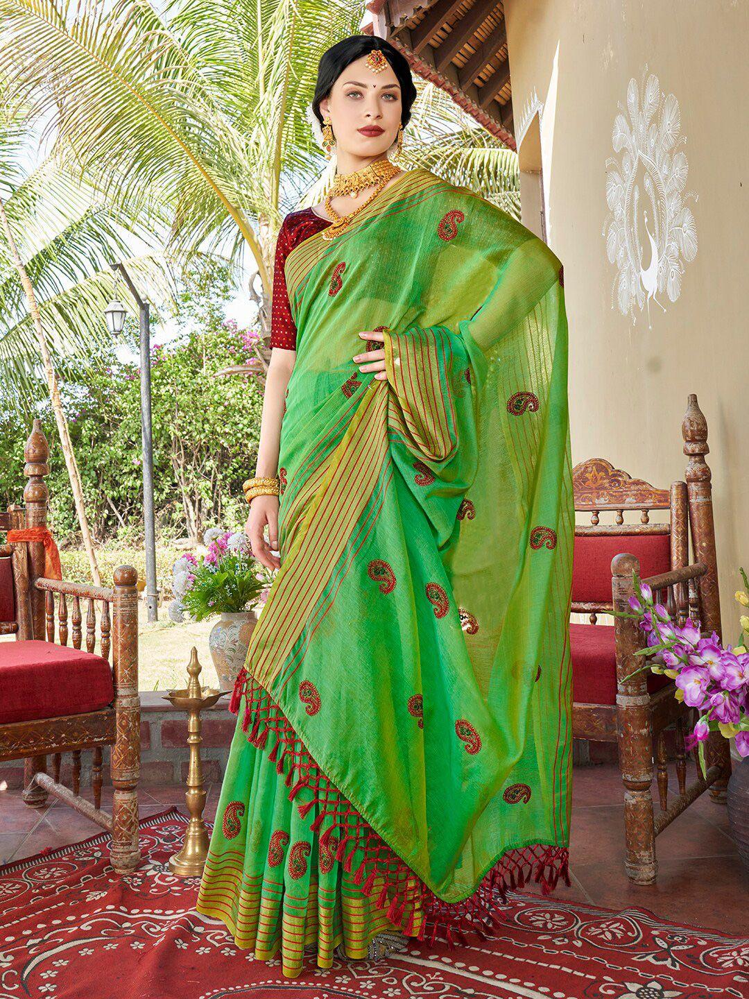 anouk green paisley embroidered chanderi silk cotton saree