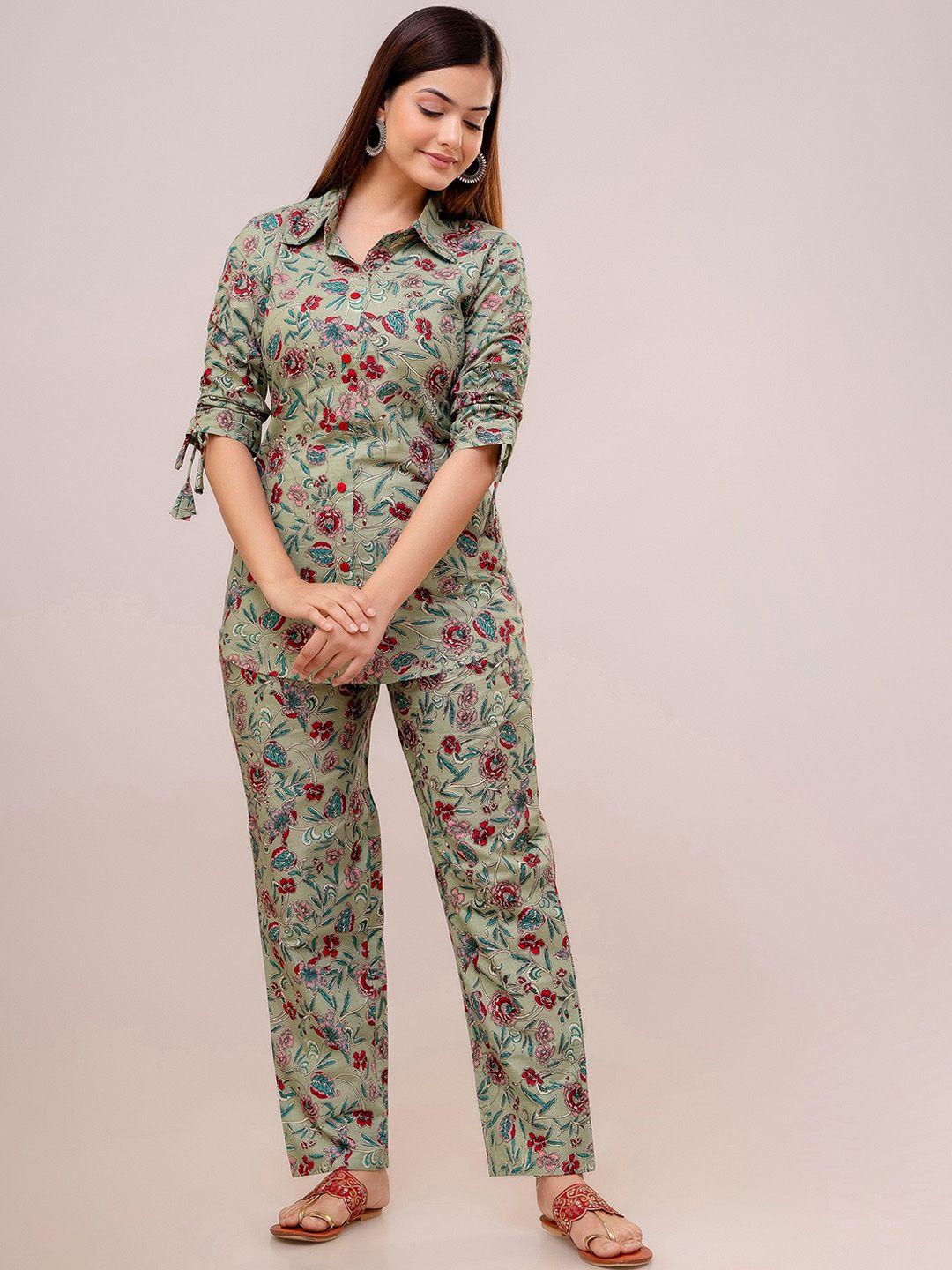 anouk green printed pure cotton shirt with trousers