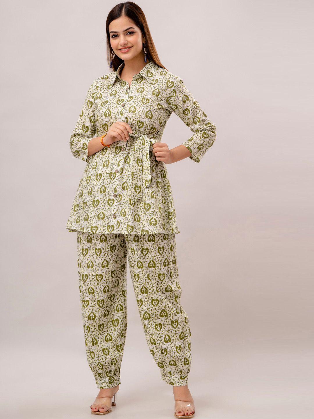anouk green printed pure cotton tunic with trousers