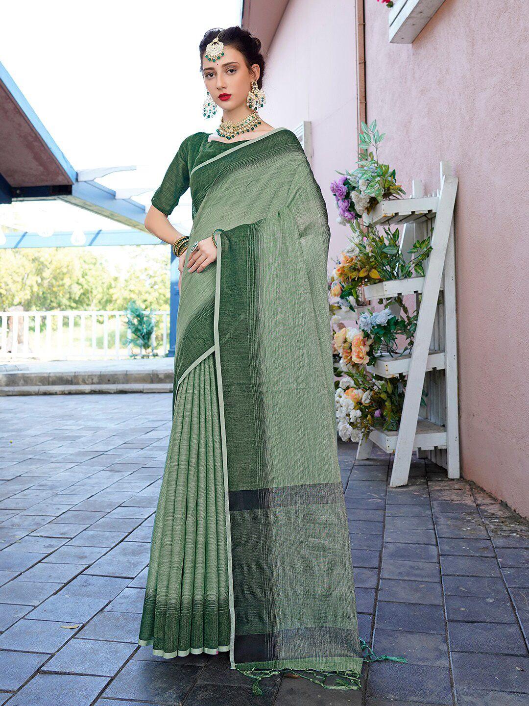 anouk green striped pure linen saree