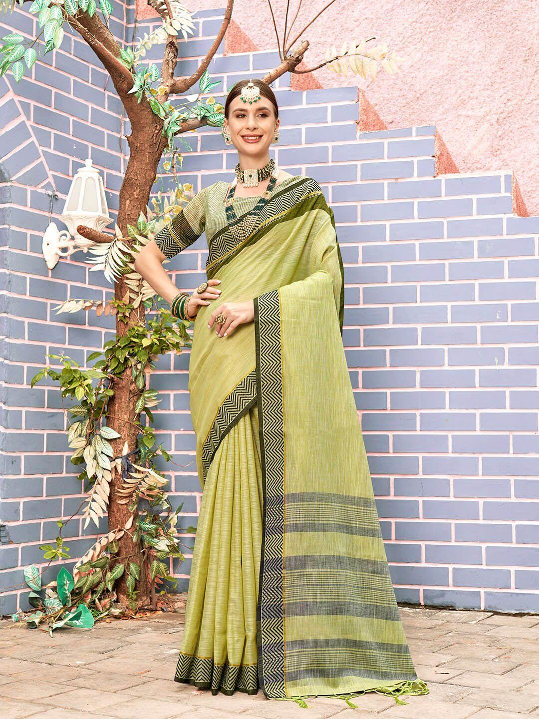 anouk green woven design pure linen saree