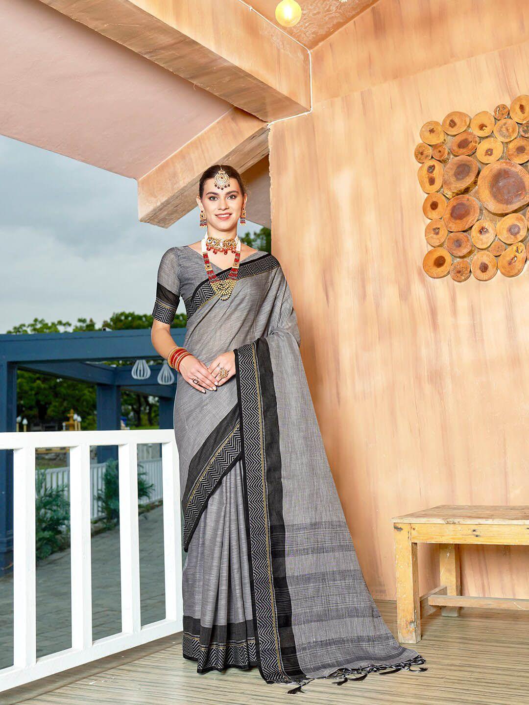 anouk grey & black pure linen saree