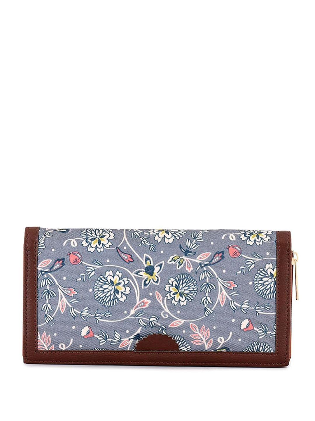 anouk grey & brown floral printed canvas zip around wallet