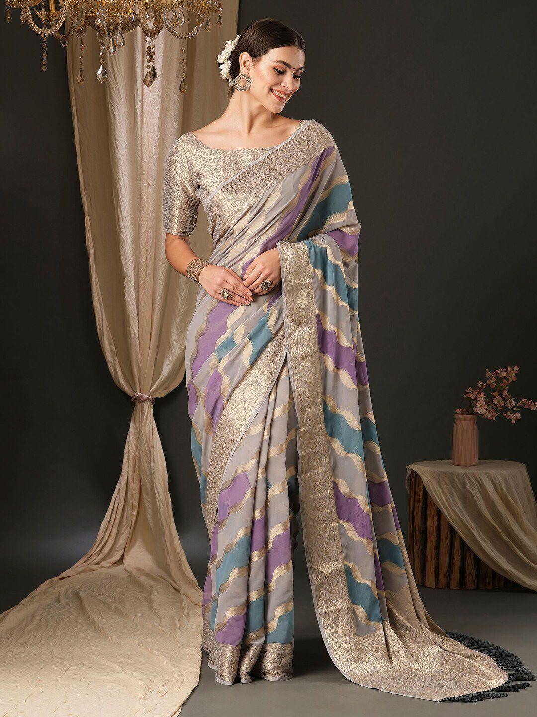 anouk grey & lavender ethnic motifs pure georgette designer banarasi saree