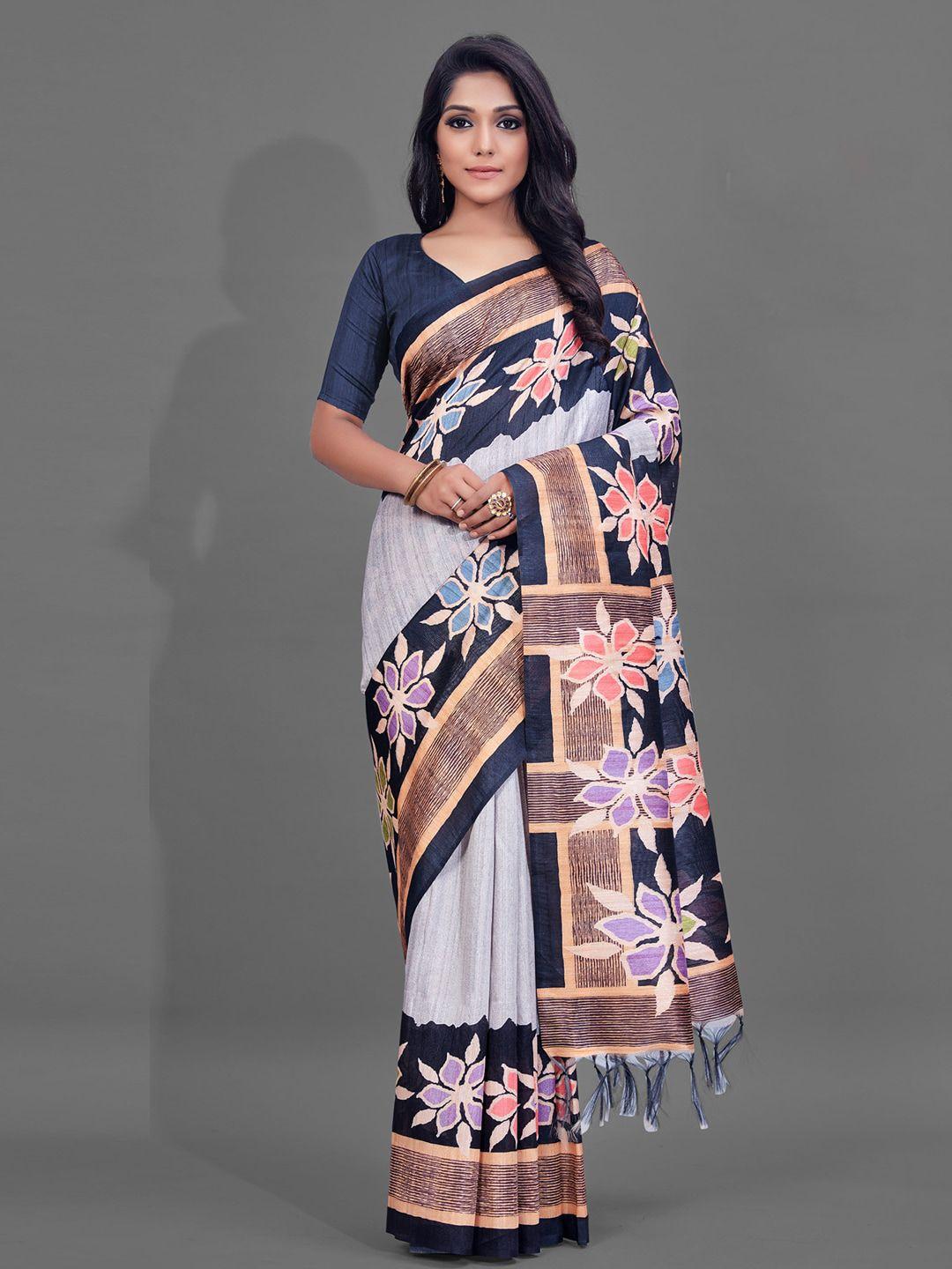 anouk grey & navy blue floral printed baluchari saree