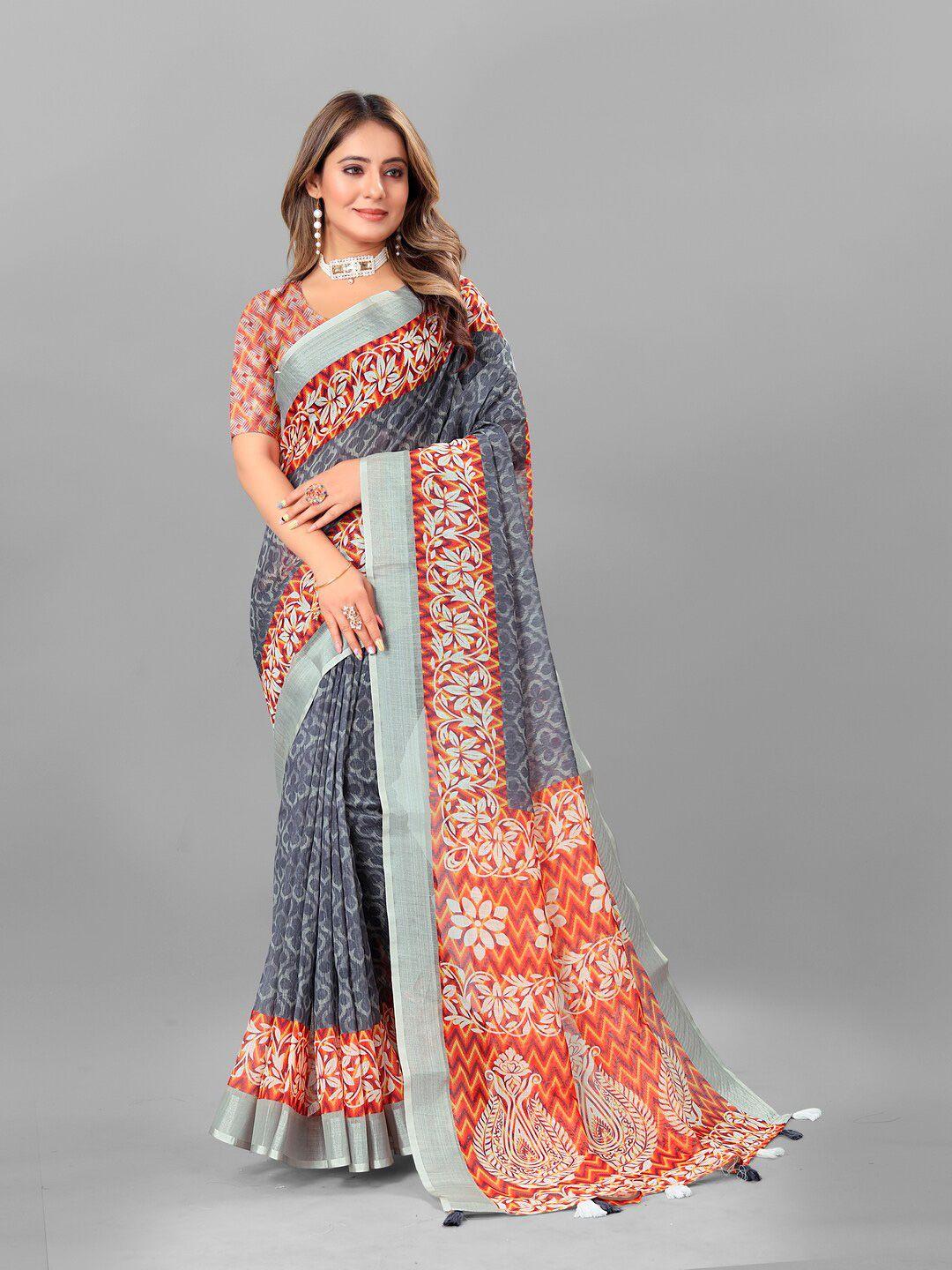 anouk grey & orange ethnic motifs printed zari pure linen saree