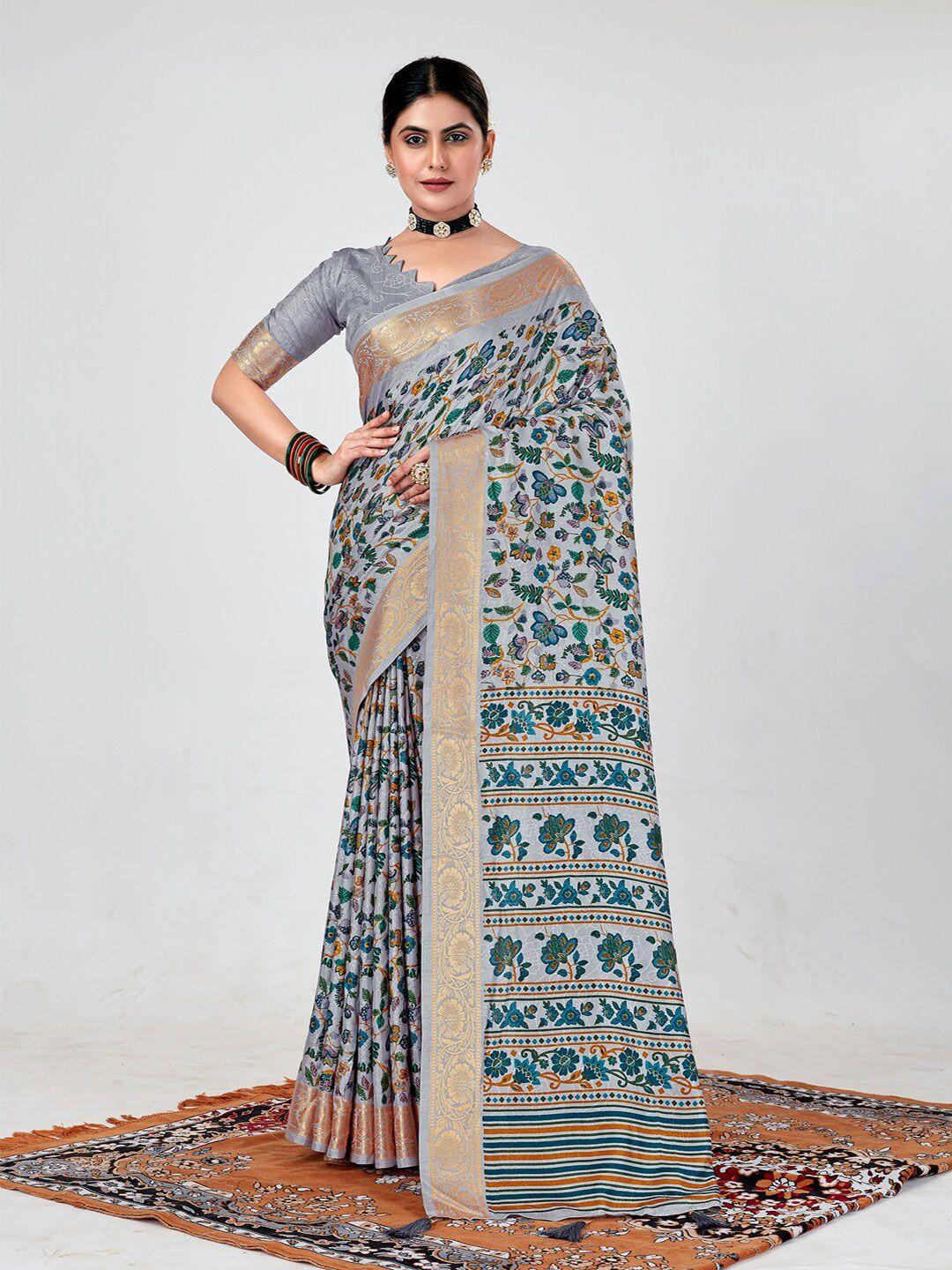 anouk grey & orange floral printed zari saree