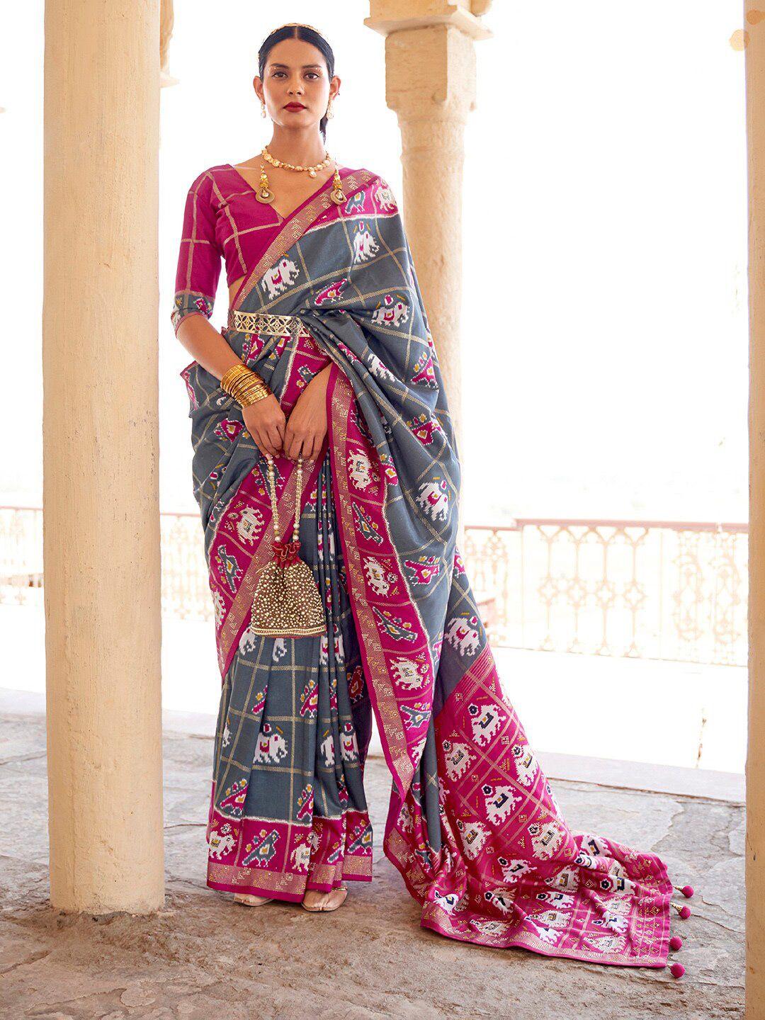 anouk grey & pink ethnic motifs zari silk blend patola saree