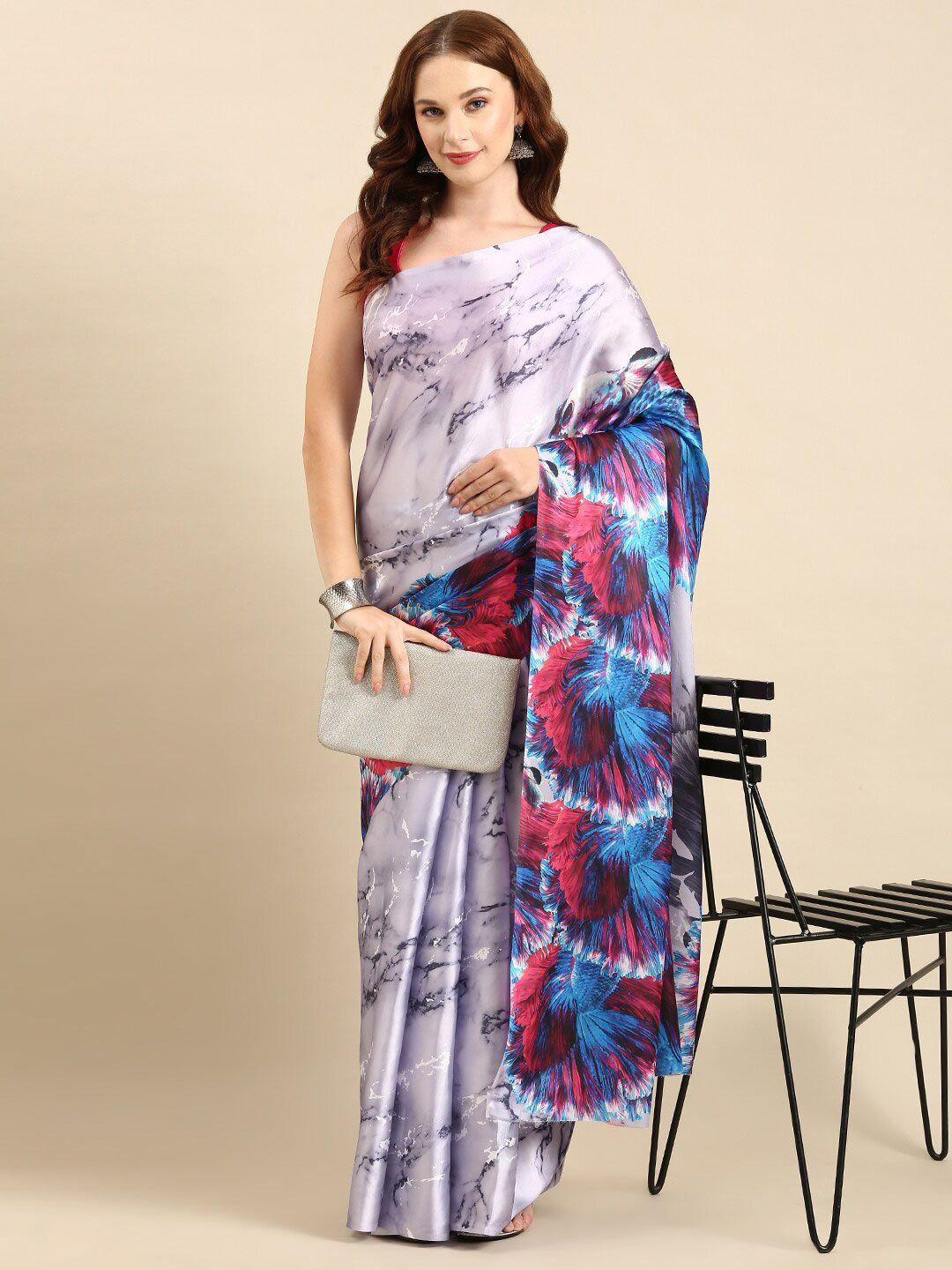 anouk grey & pink floral printed satin saree