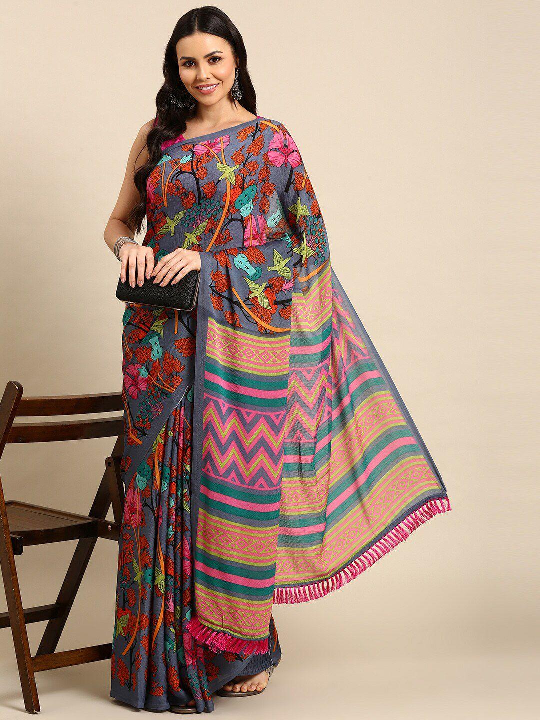 anouk grey & red floral printed pure chiffon saree