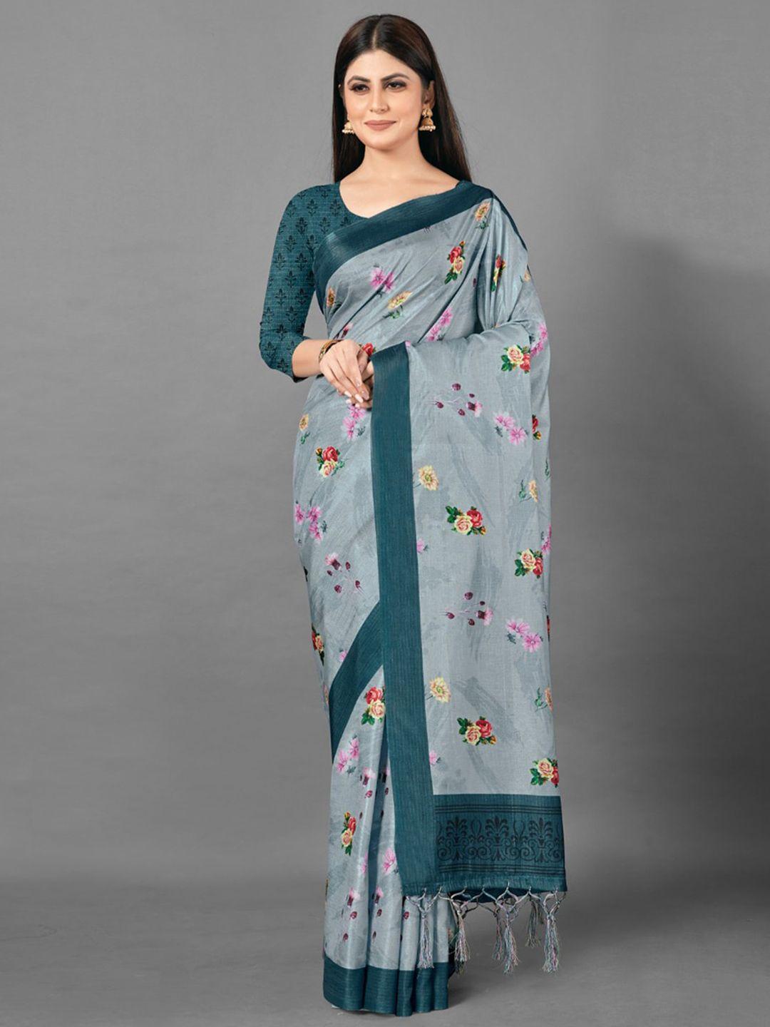 anouk grey & teal green floral printed bagh saree