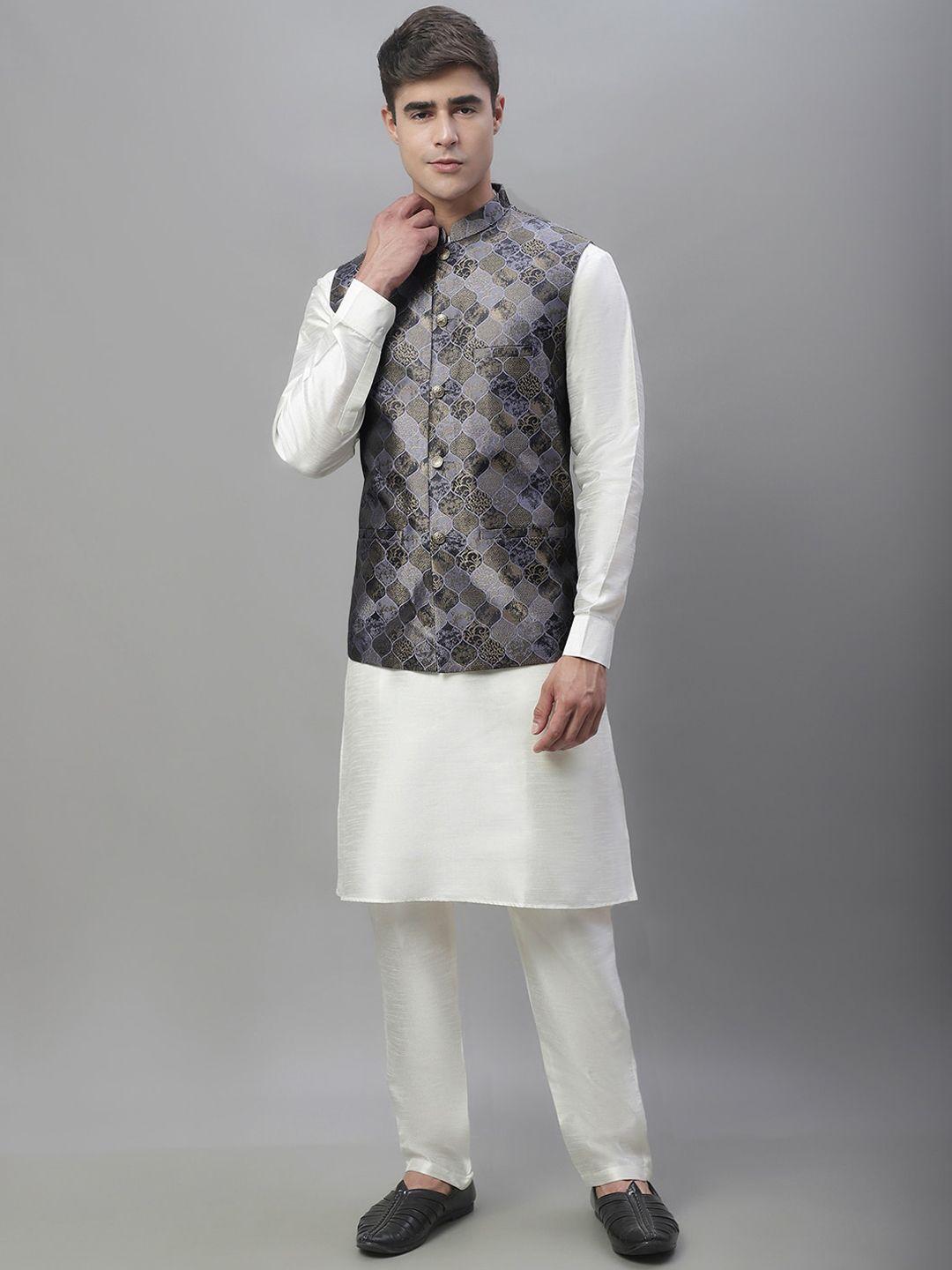 anouk grey & white band collar kurta with pyjamas & nehru jacket