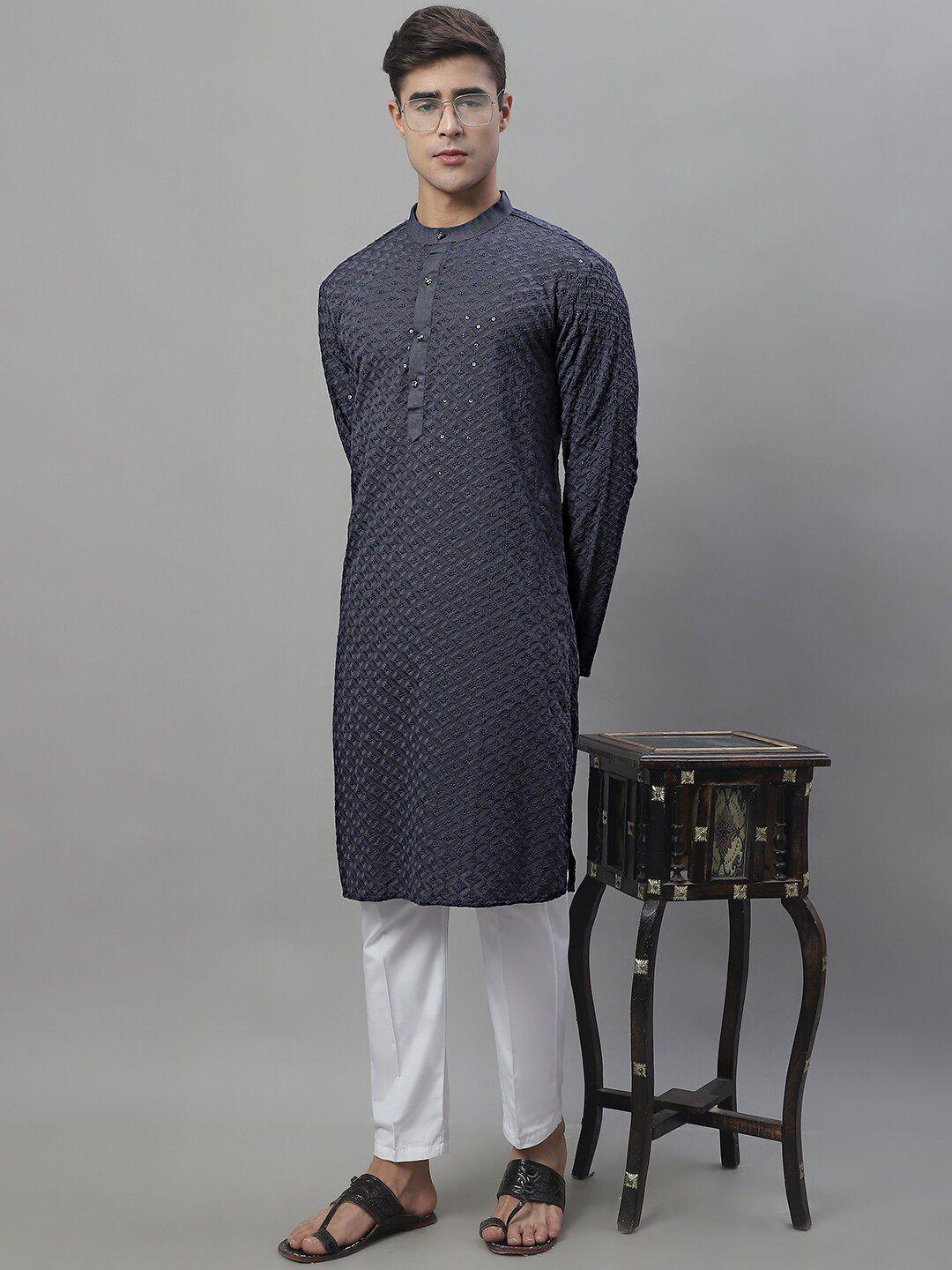 anouk grey & white ethnic motifs embroidered sequinned kurta with pyjamas