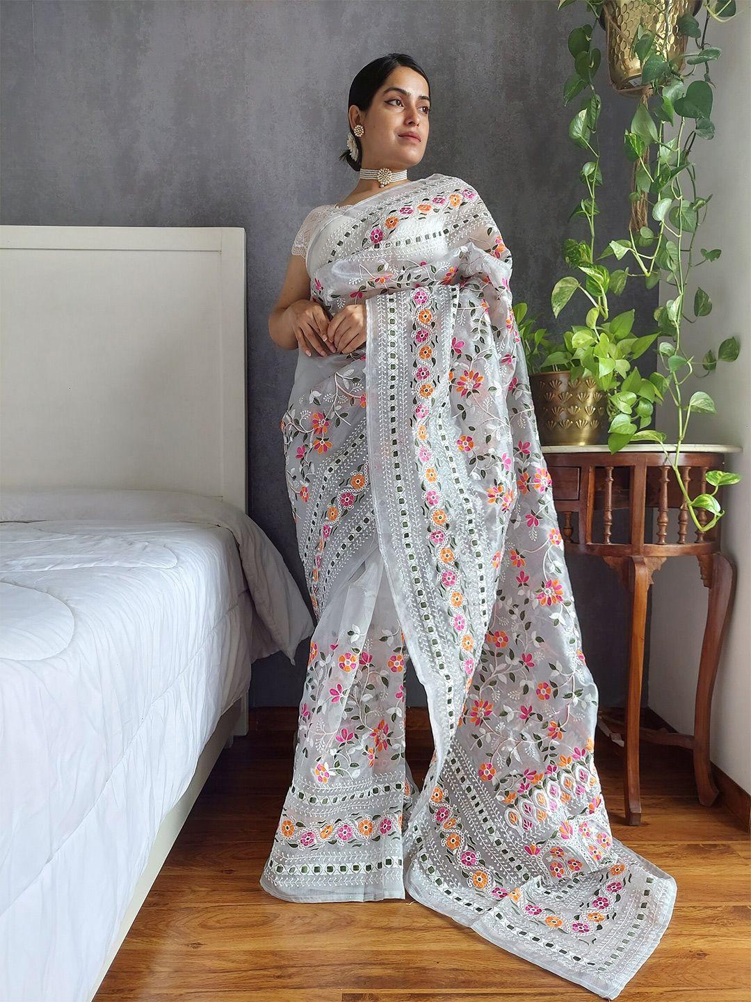 anouk grey & white floral embroidered organza saree