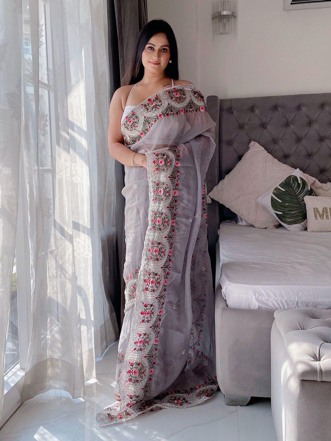 anouk grey & white floral embroidered organza saree
