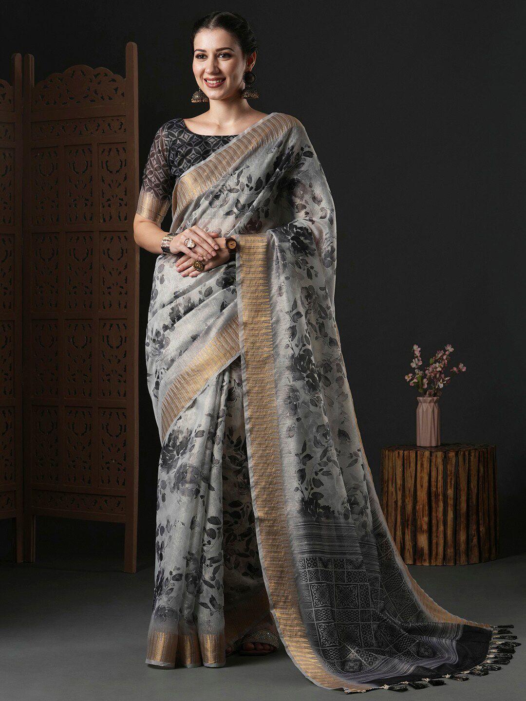 anouk grey & white floral printed zari organza sungudi saree