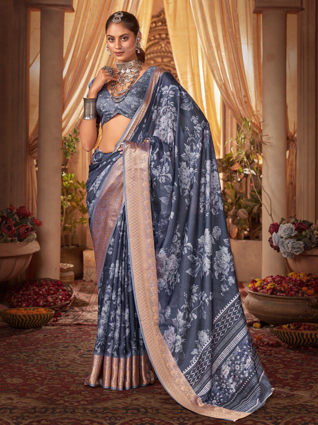 anouk grey & white floral woven design zari saree