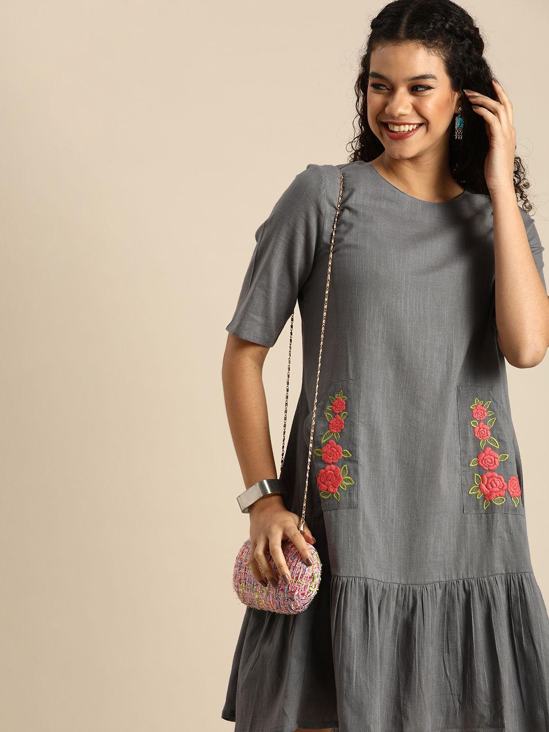 anouk grey a-line pure cotton tiered dress with floral embroidered pockets