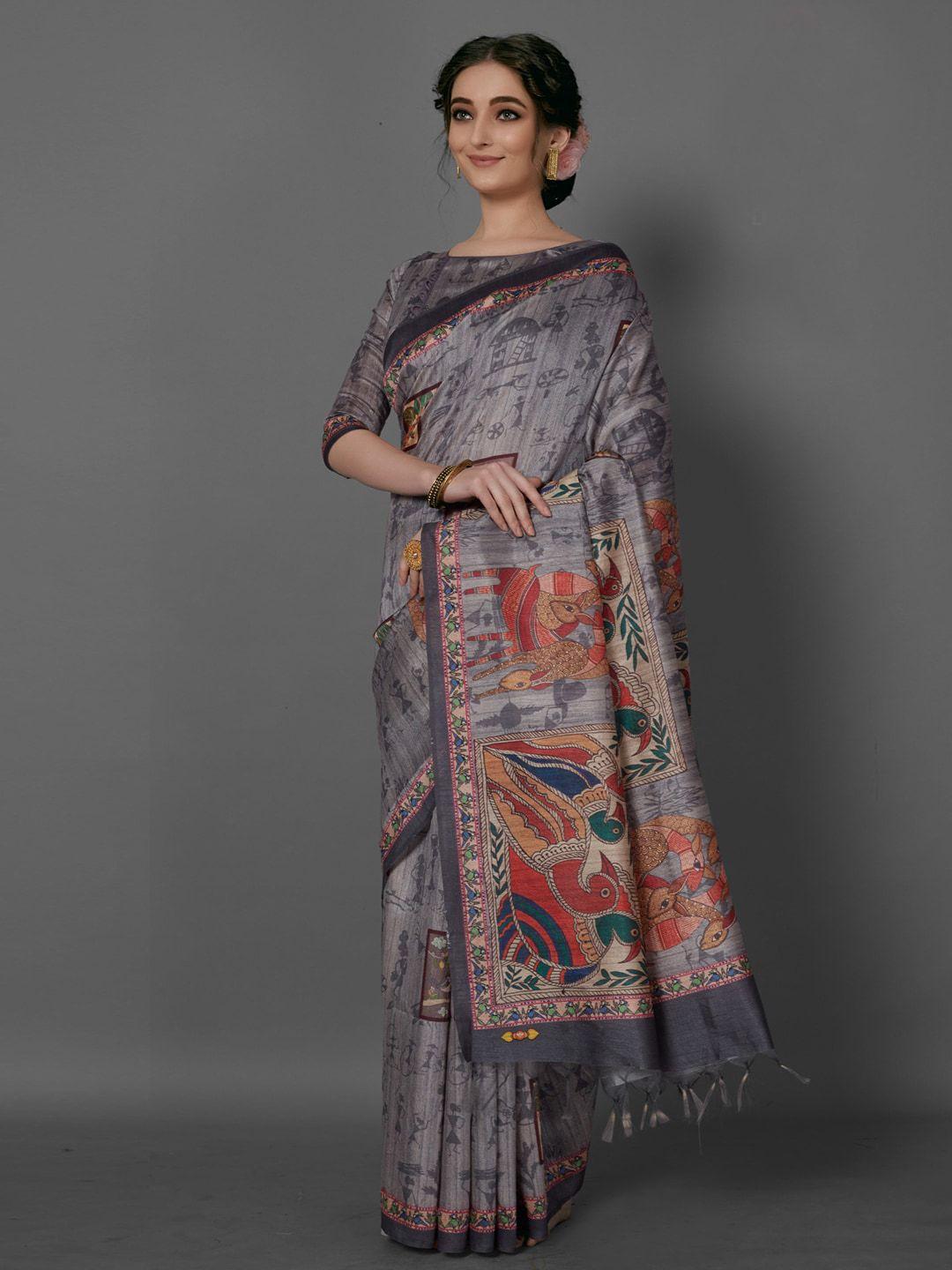 anouk grey and maroon ethnic motifs printed baluchari saree