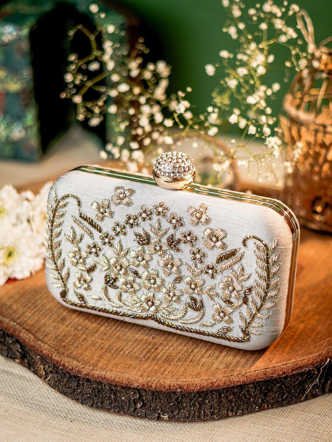 anouk grey embroidered embellished box clutch