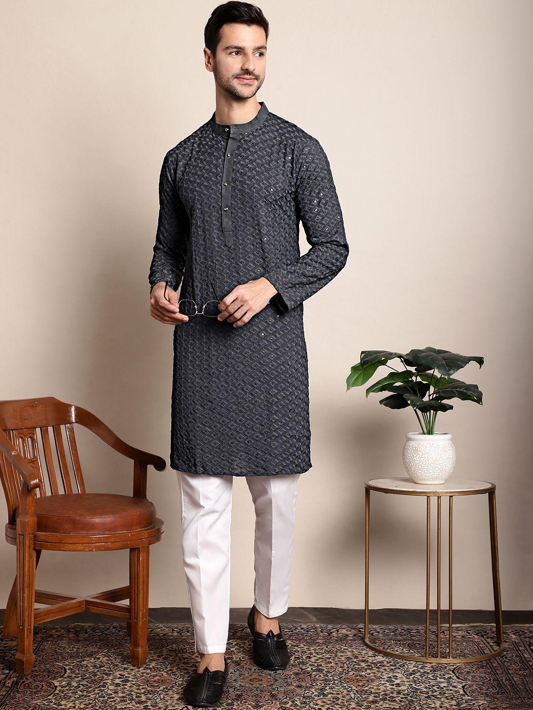 anouk grey ethnic motifs embroidered regular sequined kurta with pyjamas