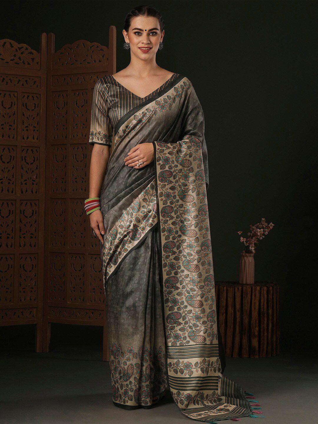 anouk grey ethnic motifs silk blend designer dabu saree