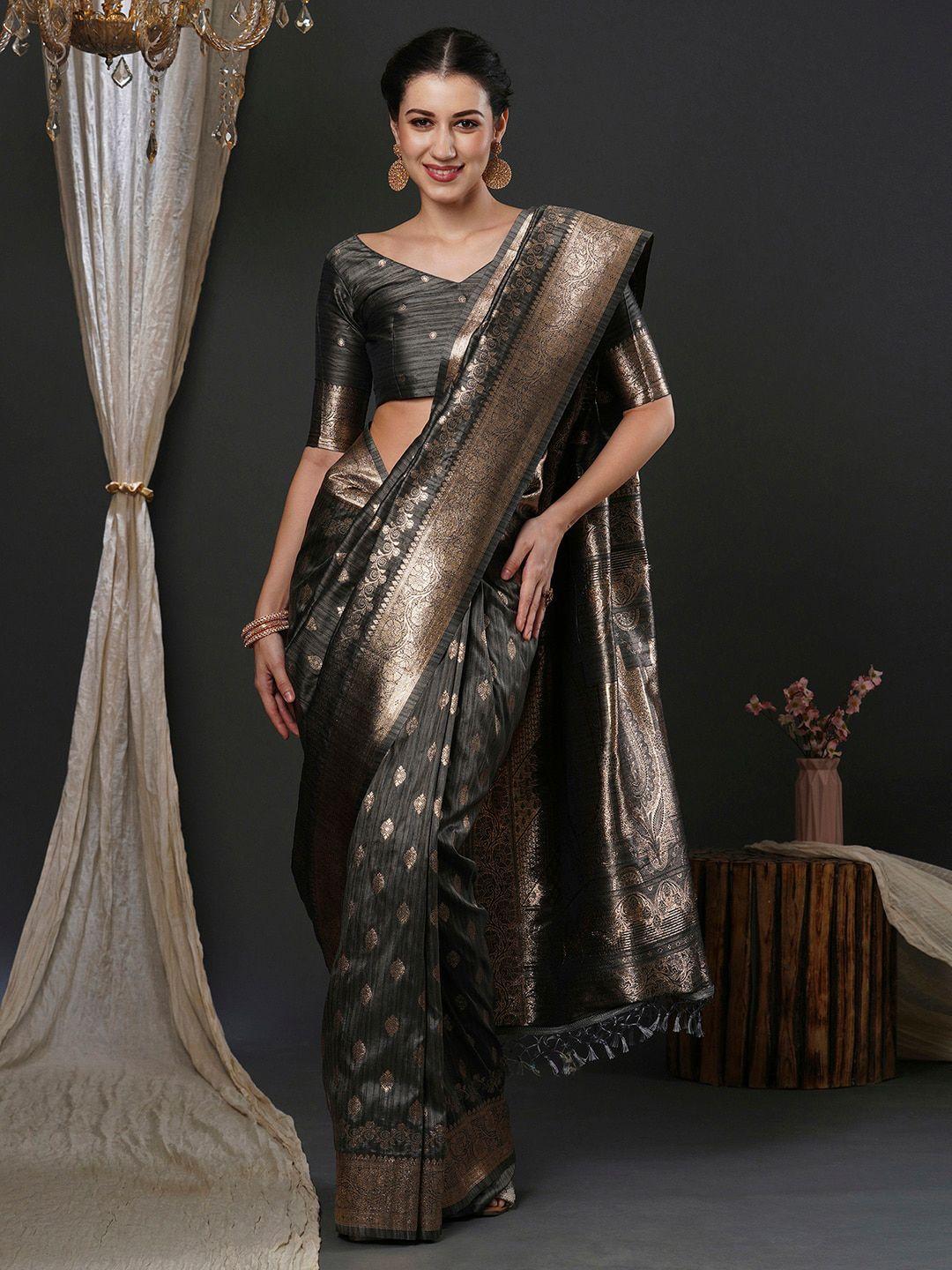 anouk grey ethnic motifs woven design zari detailed banarasi saree