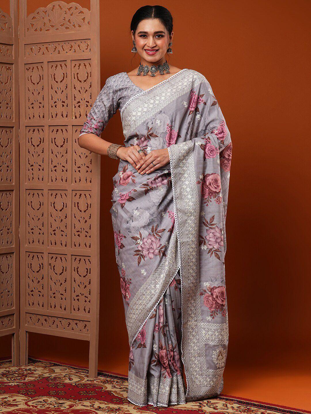 anouk grey floral printed embroidered saree