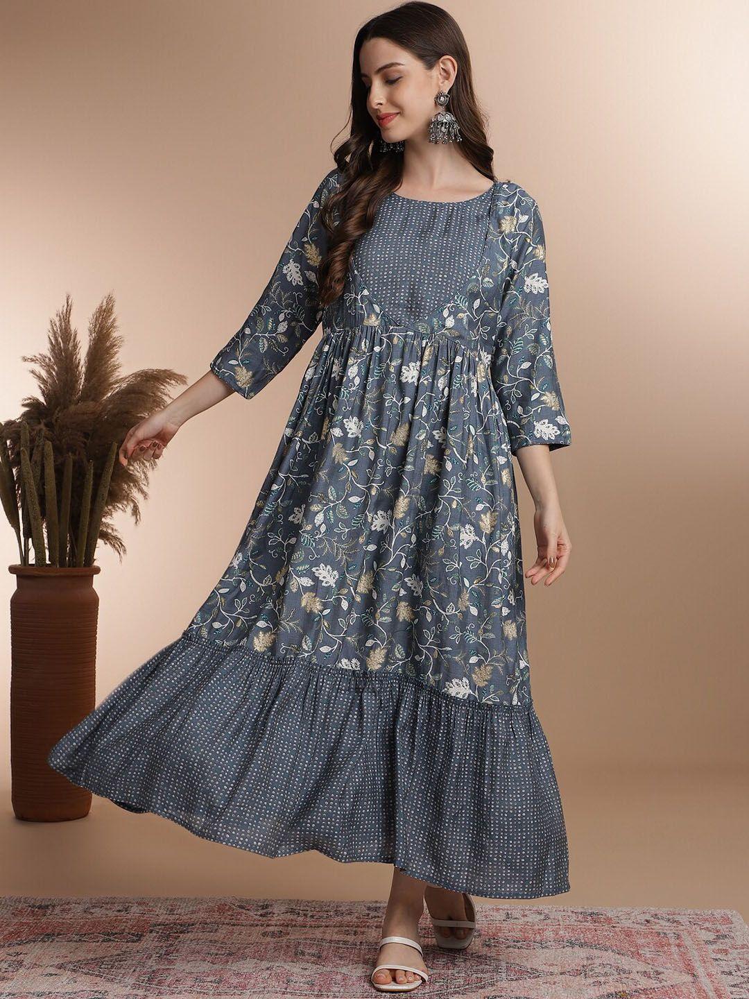 anouk grey floral printed pure cotton maxi ethnic dress