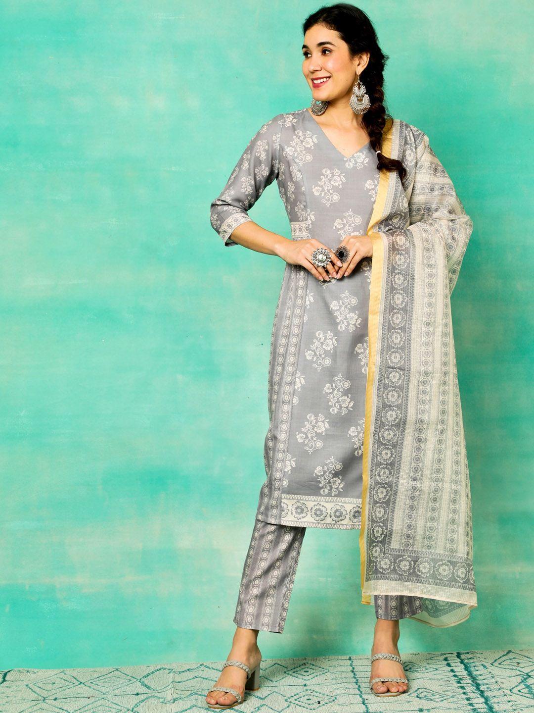 anouk grey floral printed v-neck pleated linen a-line kurta & trousers with dupatta