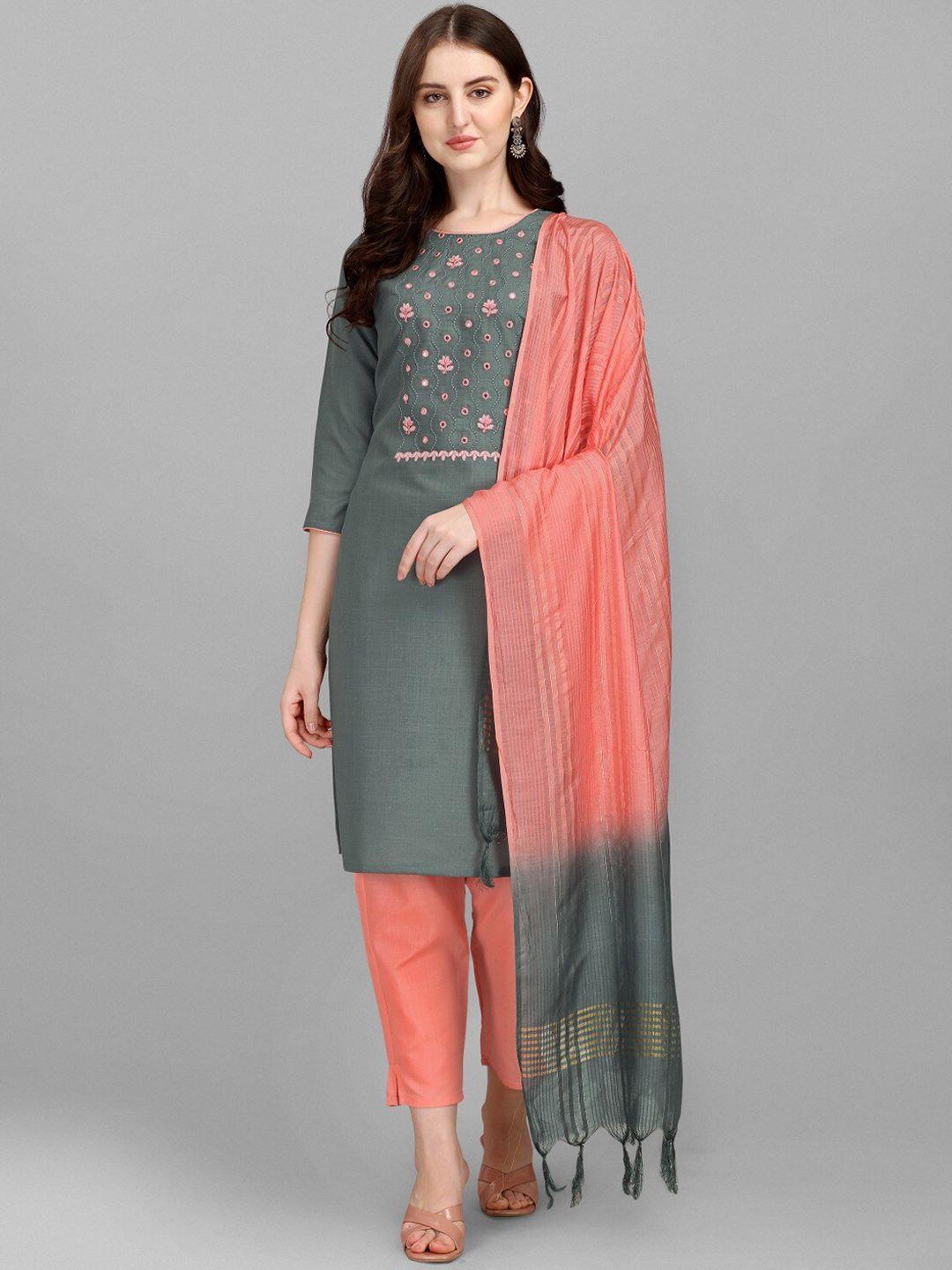 anouk grey floral yoke design mirror work straight kurta with trouser & dupatta