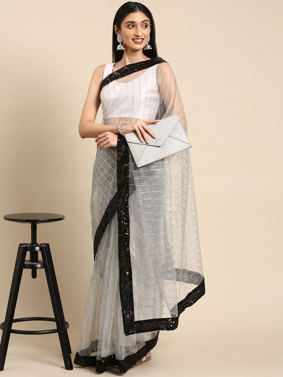 anouk grey sequinned net saree