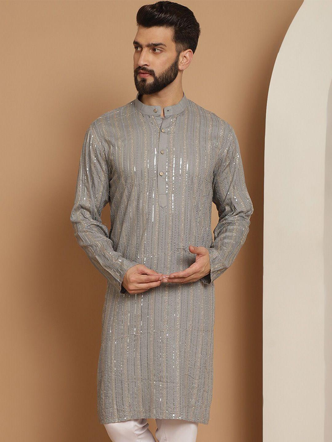 anouk grey striped band collar sequinned detailed cotton straight kurta