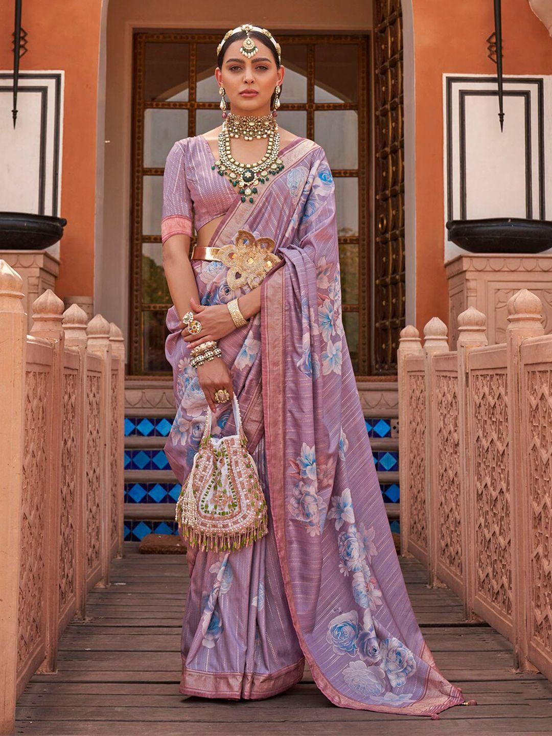 anouk lavender & blue floral printed zari saree