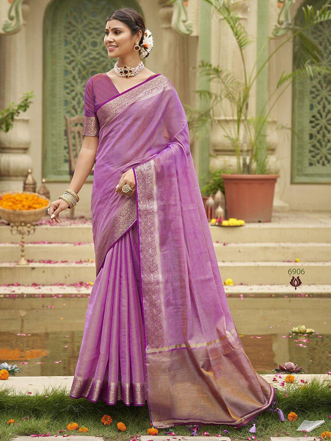 anouk lavender & gold toned zari tussar silk saree