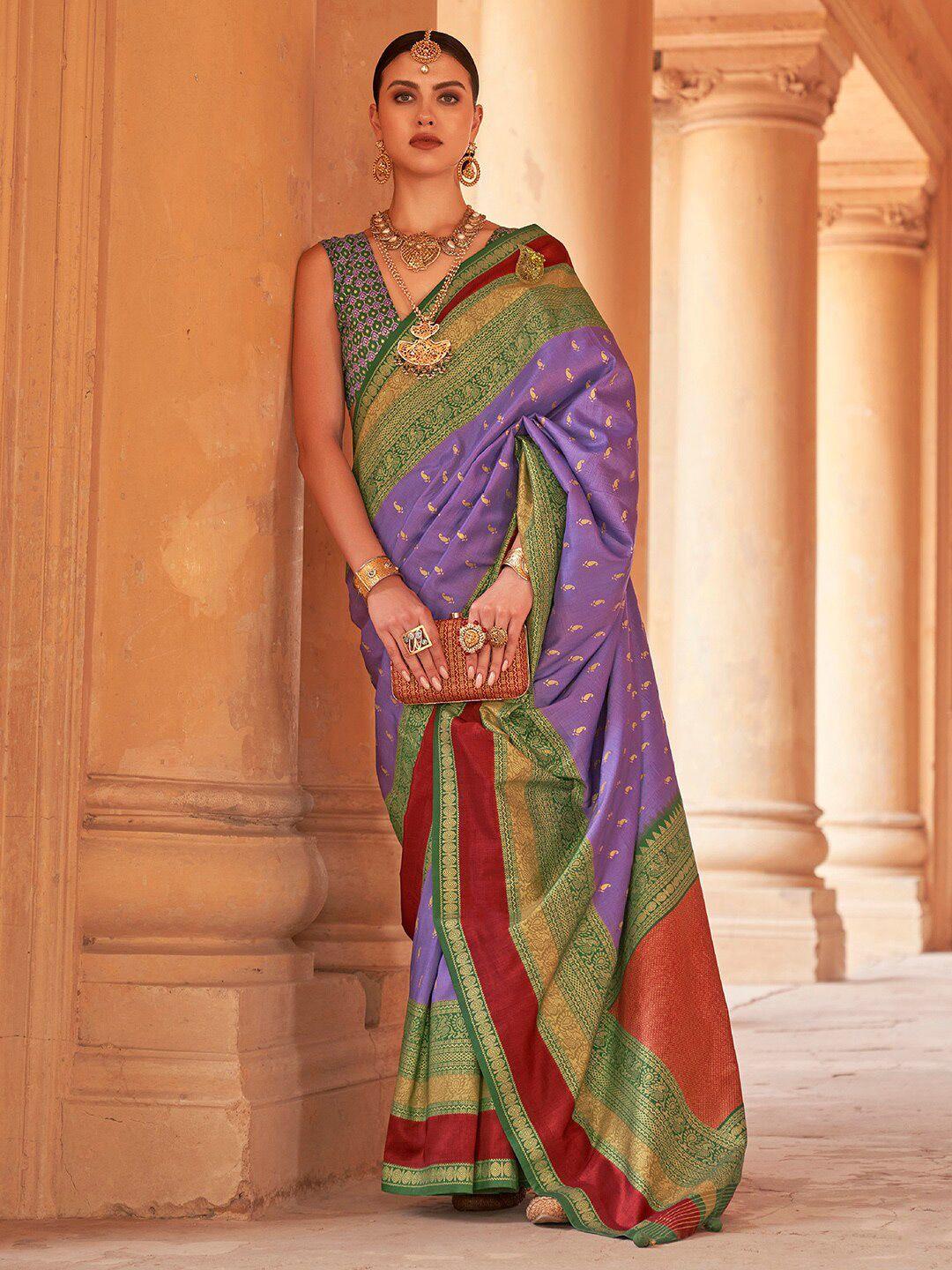 anouk lavender & green woven design zari silk blend banarasi saree