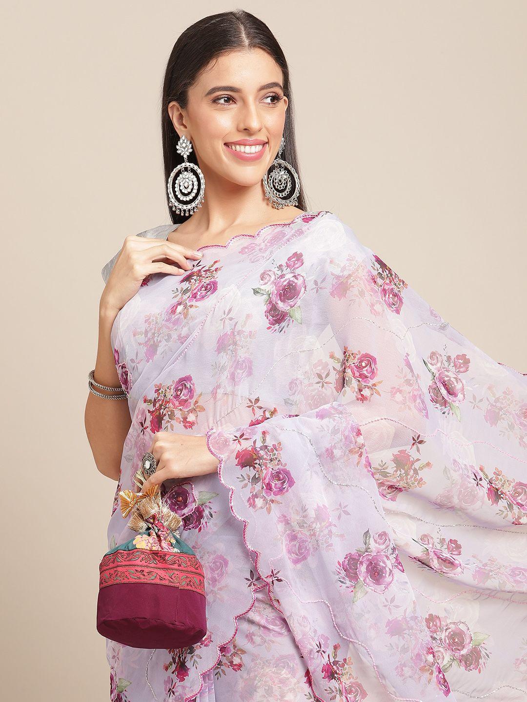 anouk lavender & magenta floral print saree with beads & stones