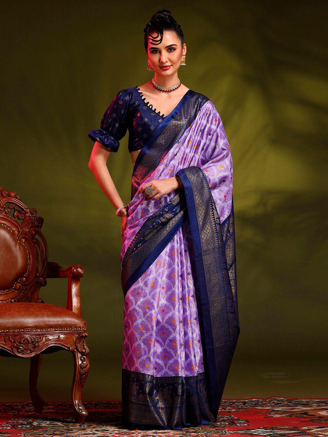 anouk lavender & navy blue ethnic motifs printed bomkai silk saree