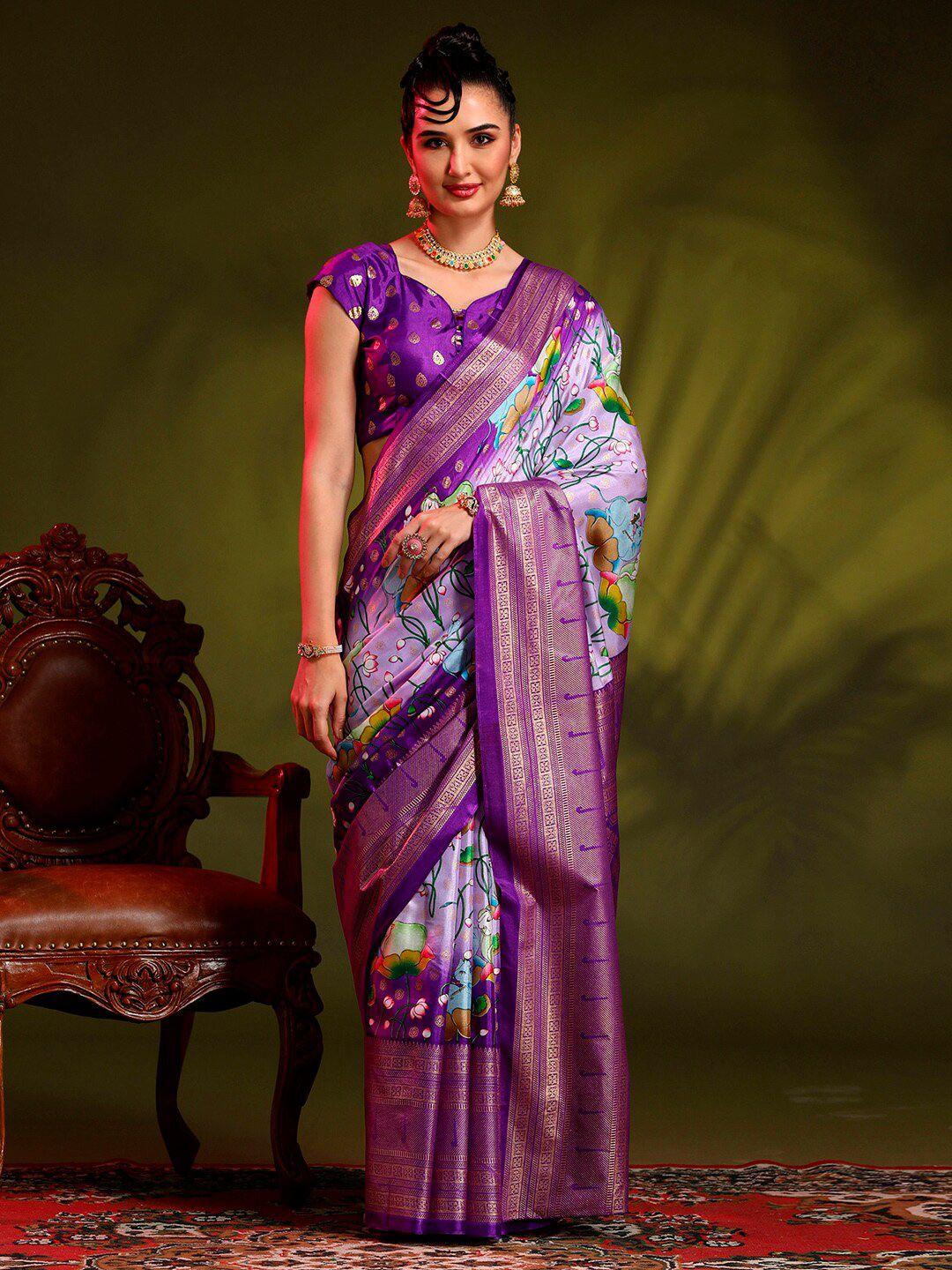 anouk lavender & white ethnic motifs printed saree