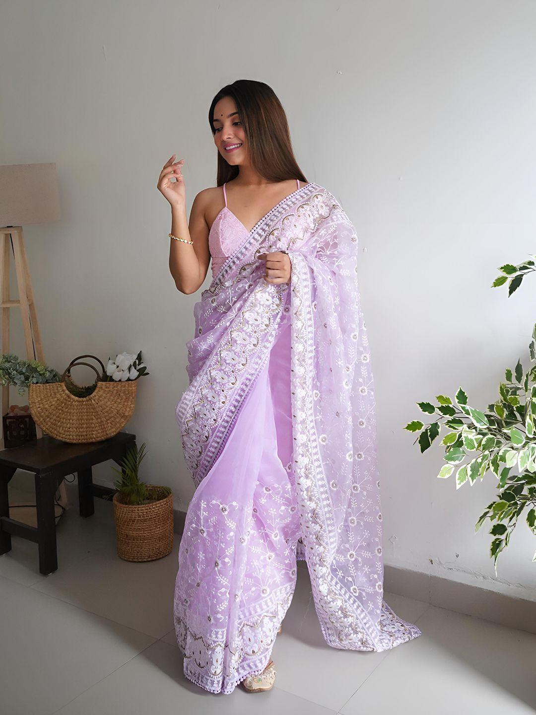 anouk lavender & white floral embroidered organza saree